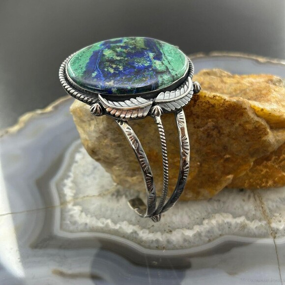 Sterling Silver Southwestern Style Oval Azurite Decorated Bracelet For Women - Picture 4 of 10